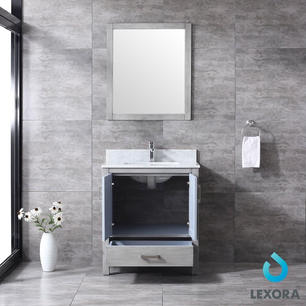 Jacques 30 in. W x 22 in. D Distressed Grey Bath Vanity, Carrara Marble Topand 28 in. Mirror