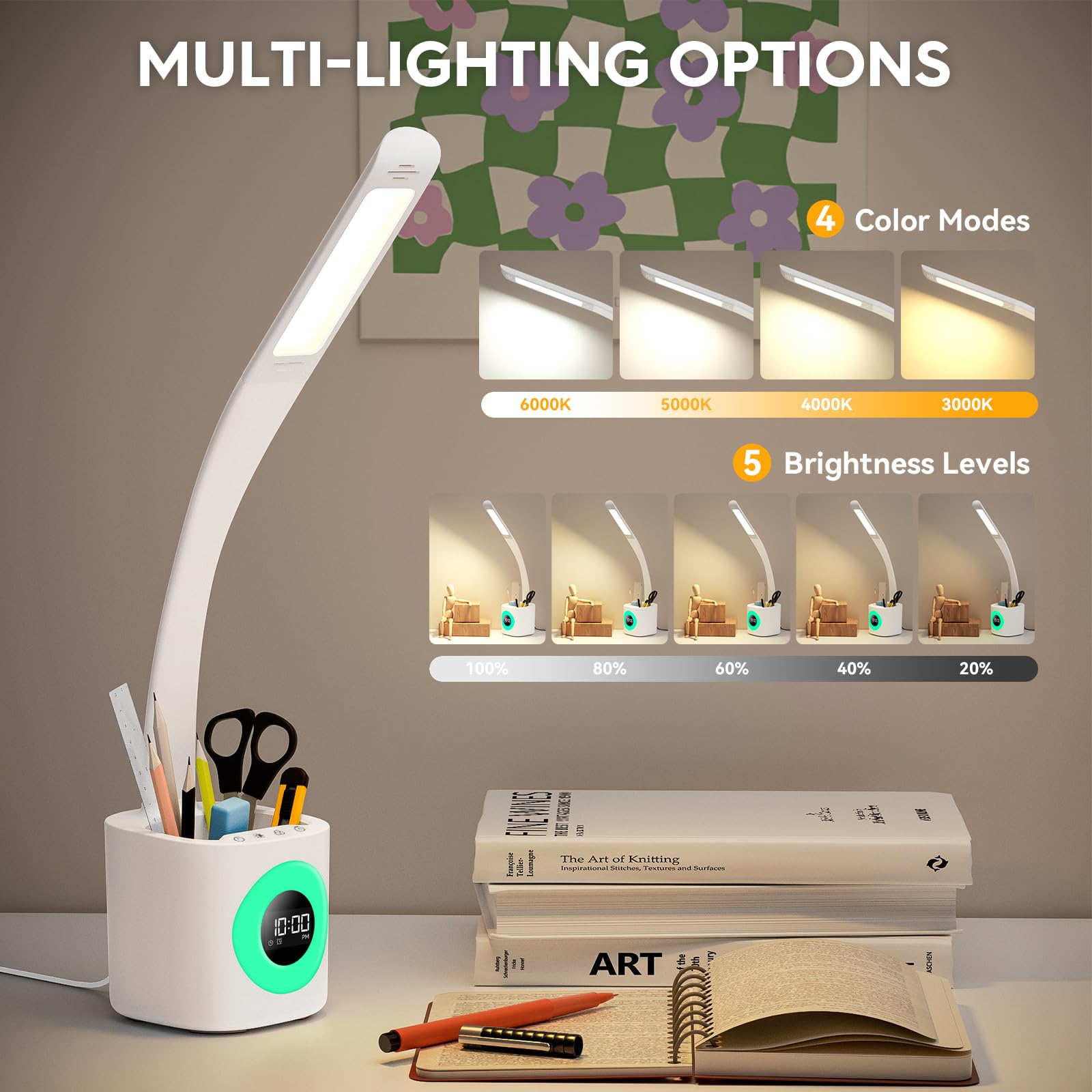 Hokone Led-bureaulamp voor kinderen, met USB-oplaadpoort om te studeren, 4 kleurtemperaturen en 5 helderheidsniveaus, bedlampje met RGB-kleur, nachtlampje, 10 W, wit
