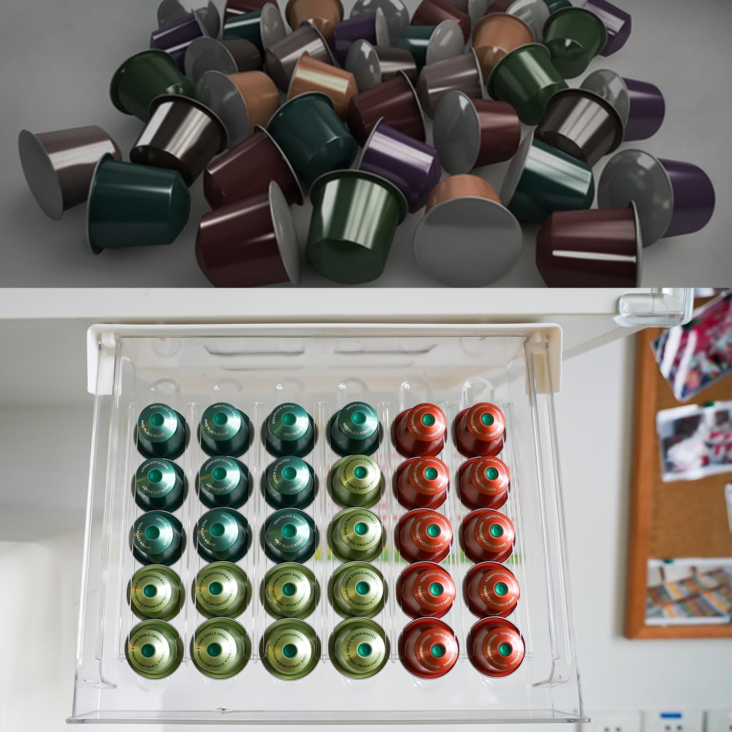 Under Cabinet Coffee Pod Drawer, 30 Pod Capacity, Compatible with Nespresso, Adhesive Sliding Storage Organizer