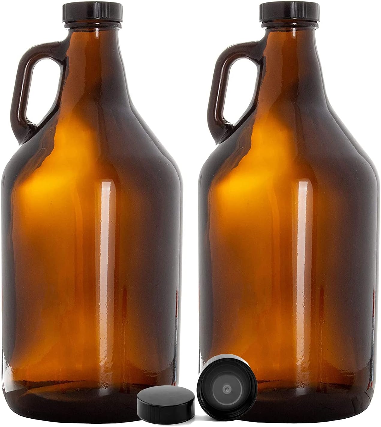 nicebottles Amber Glass Handled Jugs, Half-Gallon, Pack of 2 with Extra PolyCone Caps