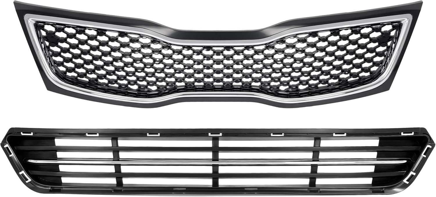 HECASA Upper + Lower Grille + Fog Light W/Accessories Compatible with 2014-2015 Kia Optima Bumper Grill and Fog Light Assembly W/Fog Light Bezel+Fog Light Trim+Front Bumper Lip+Grille Trim