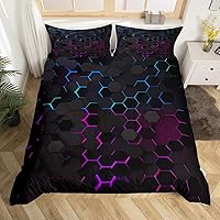 Vista 1 de Juego de funda de edredón de nido de abeja, tamaño Queen, con estampado geométrico hexagonal geométrico, juego de ropa de cama de luces de neón