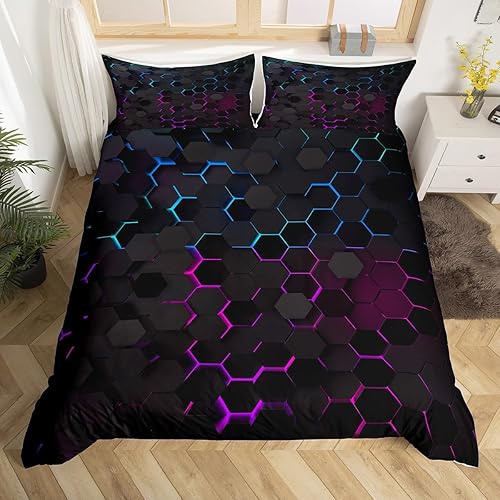 Juego de funda de edredón de nido de abeja, tamaño Queen, con estampado geométrico hexagonal geométrico, juego de ropa de cama de luces de neón