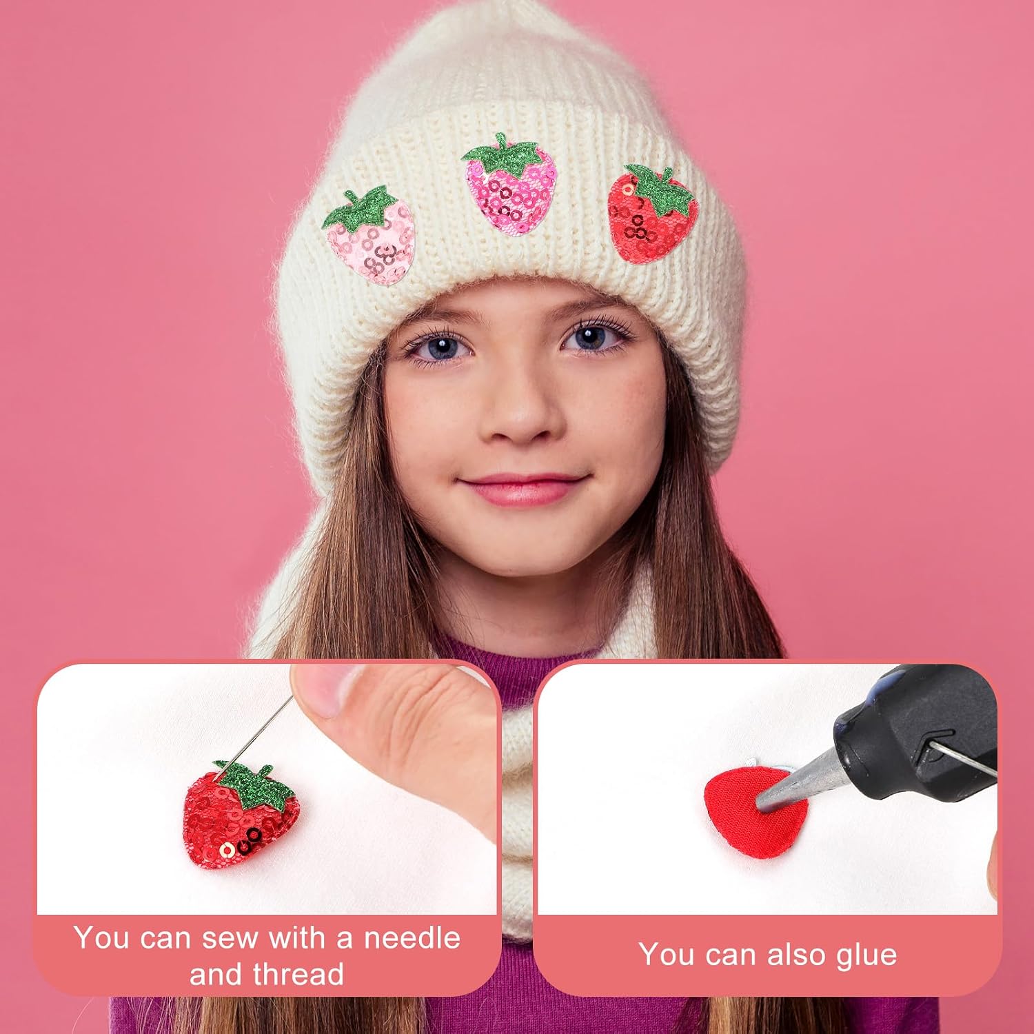 45 Pcs Cute Fruit Iron on Patch, Strawberry Fabric Lovely Sequin Patches Appliques Embellishments Sweet Applique Badge Sew Repair DIY Craft Accessories for Girls Women (Red, Pink, Rose Red)