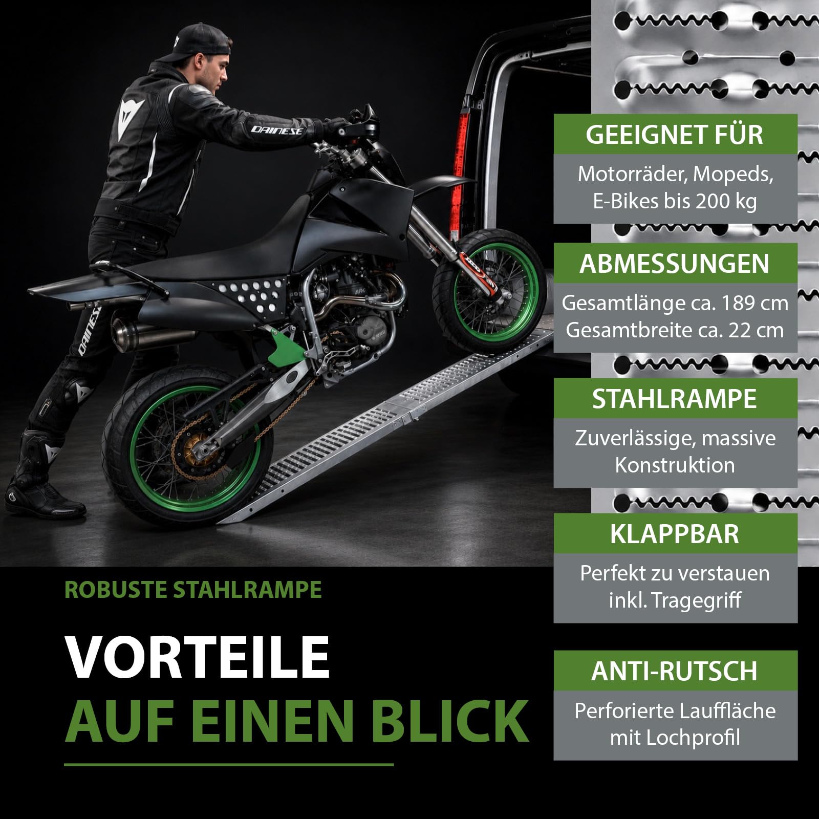 TRUTZHOLM 1x Auffahrrampe Stahl 189 cm Traglast 200 kg klappbar Anti-Rutsch Lochprofil Motorradrampe mit Tragegriffen Verladerampe für Motorrad Fahrrad E-Bike Auffahrschiene für Anhänger Fahrradrampe