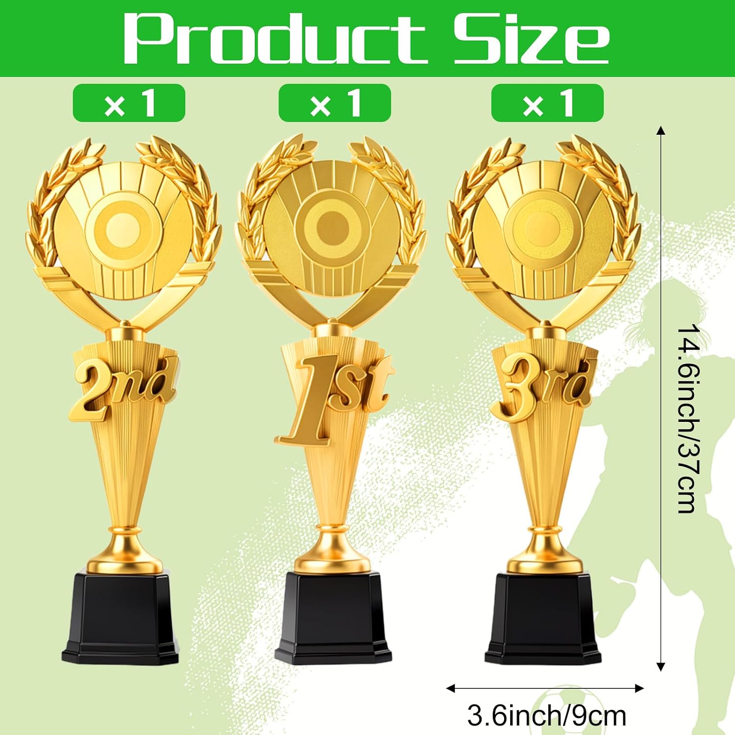 3 Pcs Plastic Trophy Set with Wheat Spike Design, Gold Finish, 1st 2nd 3rd Place Awards, 14.6 Inch Tall, PP & Acrylic Material, Base 3.6 Inch, for Sports Events & Corporate Ceremonies