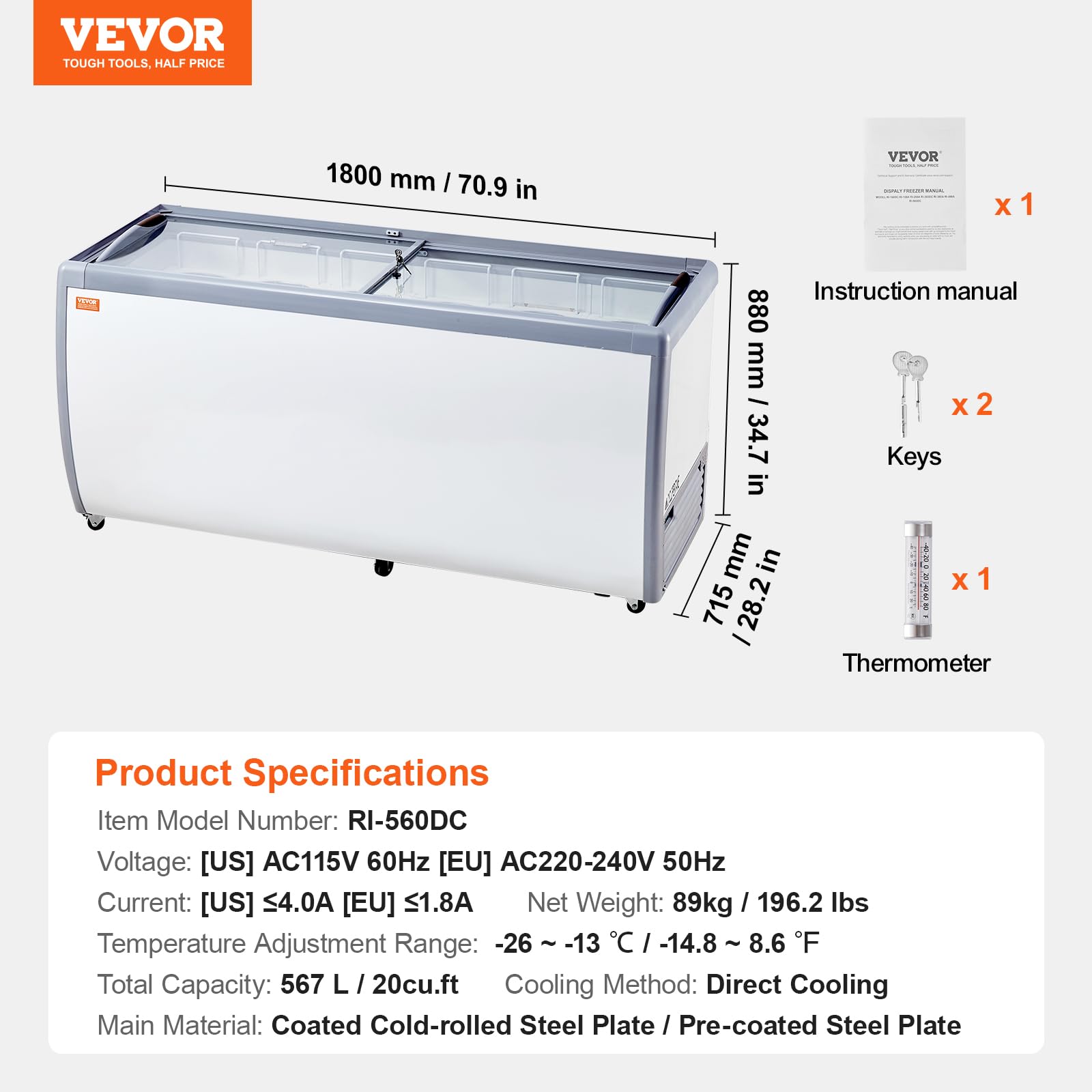 VEVOR Vitrina Comercial para Helado, Congelador Horizontal 567 L, Congelador Móvil con Tapa de Vidrio, 12 Tinas Grandes, 2 Puertas Corredizas de Vidrio, Ruedas con Bloqueo, Blanco, 1800 x 715 x 880 mm