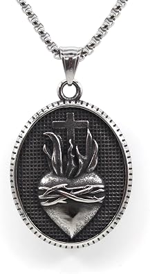 Sacred Heart of Jesus Necklace for Men,Jesus Christ Sacred Heart Medal Pendant with 22+2" Stainless Steel Chain