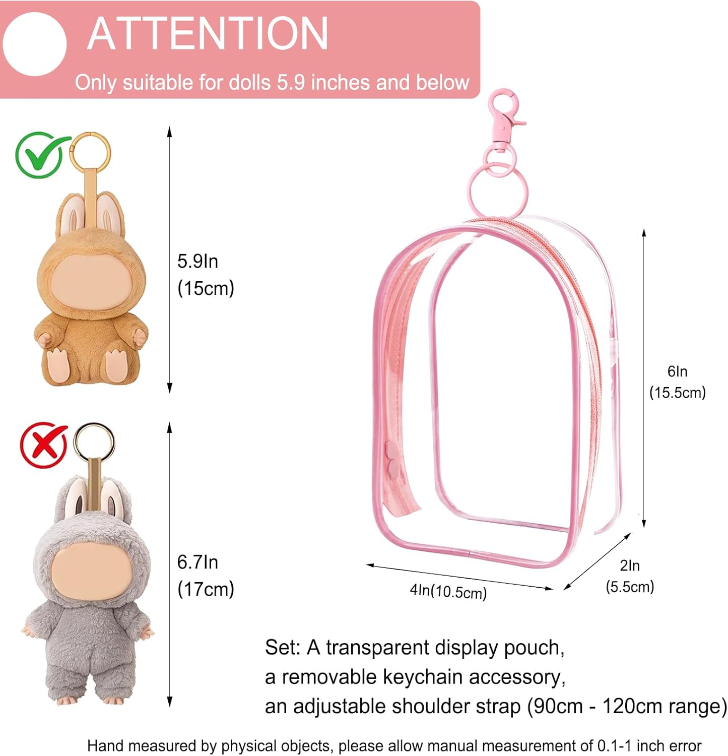 Clear Display Case Protective Case Cover Clear Figure Display Bag with Keychain Accessories for 5.9inch Plush Doll Collectibles Figure No Dolls (Pink)