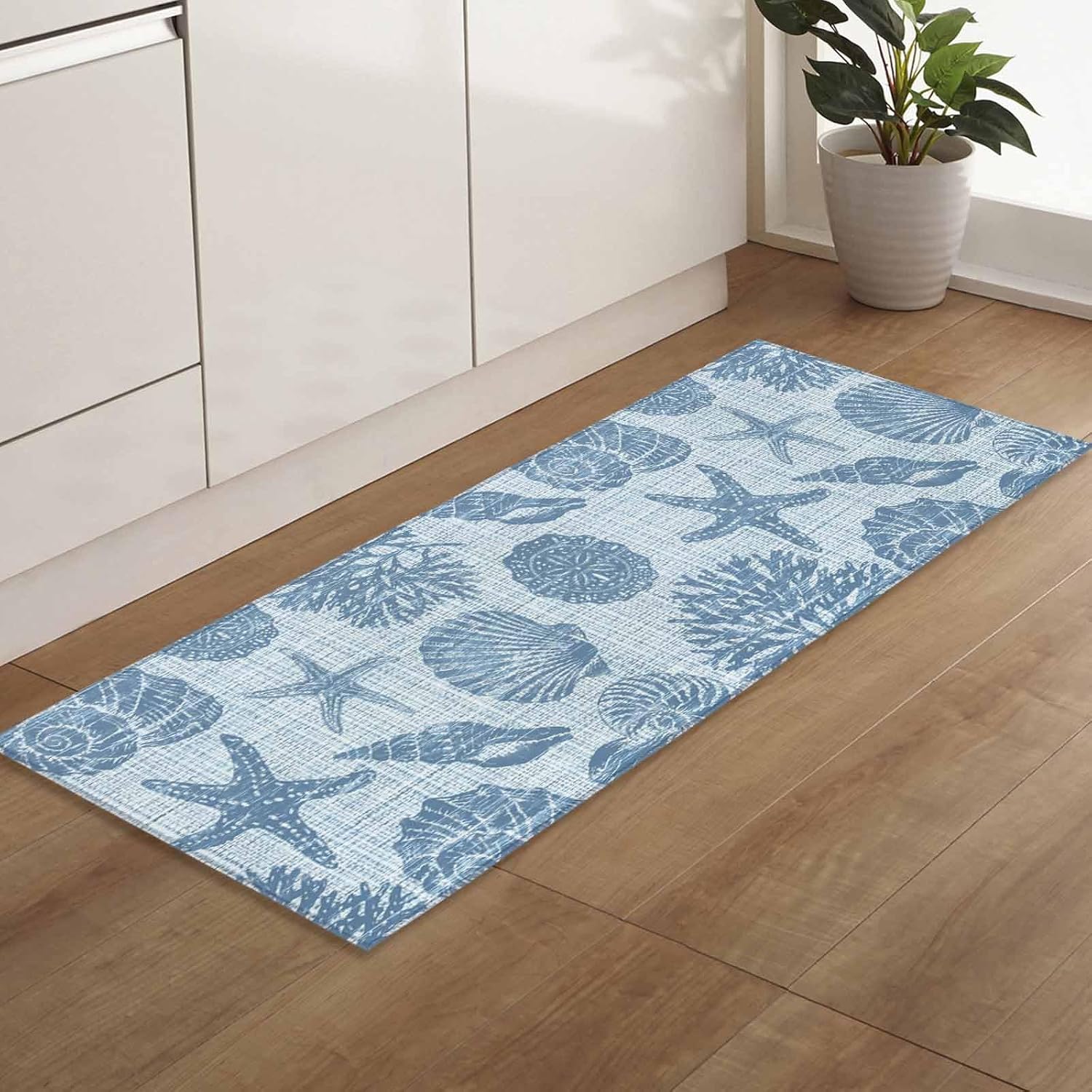 Teamery Kitchen Mats for Floor Watercolor Retro Marine Theme Washable Non Slip Kitchen Rugs 1PCS, Ocean Conch Starfish Coral Absorbent Standing Mats for Sink Bathroom Office Living Room 15.7x47.2in