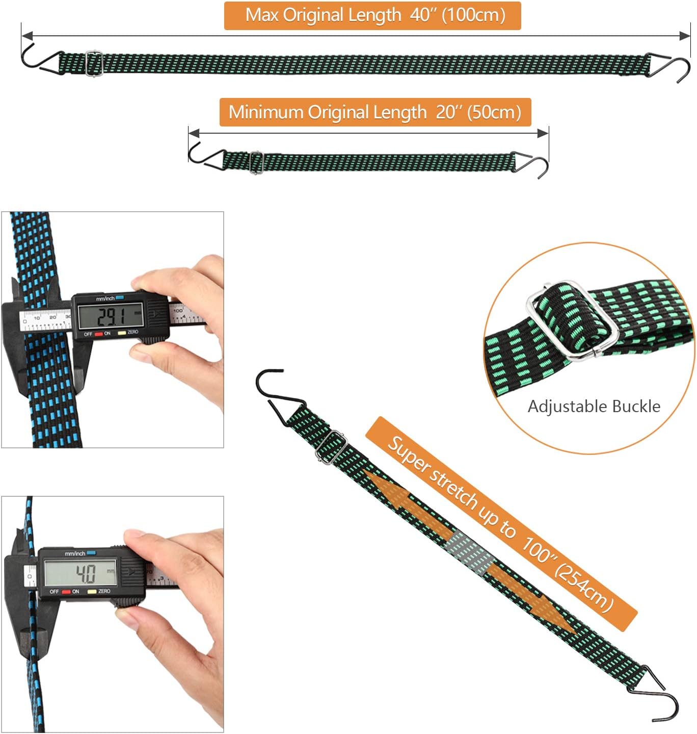 40 Inch Adjustable Flat Bungee Cord Flat Bungee Strap with Adjustable Length Metal Buckle and Hook for Camping Cargo Hand Carts (3 Pcs, Black Mainly)