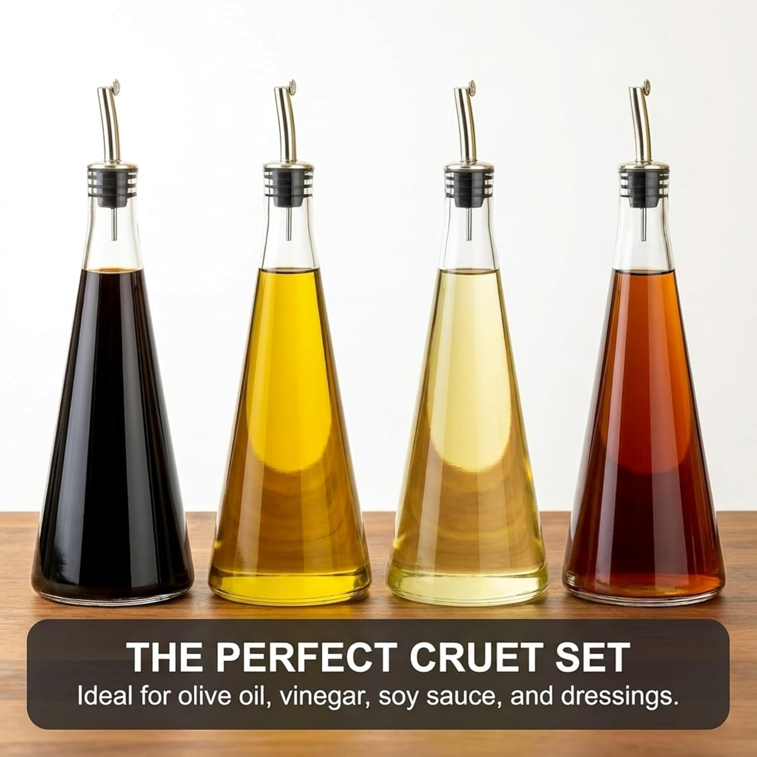 Olive Oil Dispenser Bottle for Kitchen – Premium Glass Bottles, Stainless Steel Pourer, Elegant Container for Food Dressing, Cruet Set, Cooking Counter Gadgets, Sauce Accessories for Salad | Set of 2