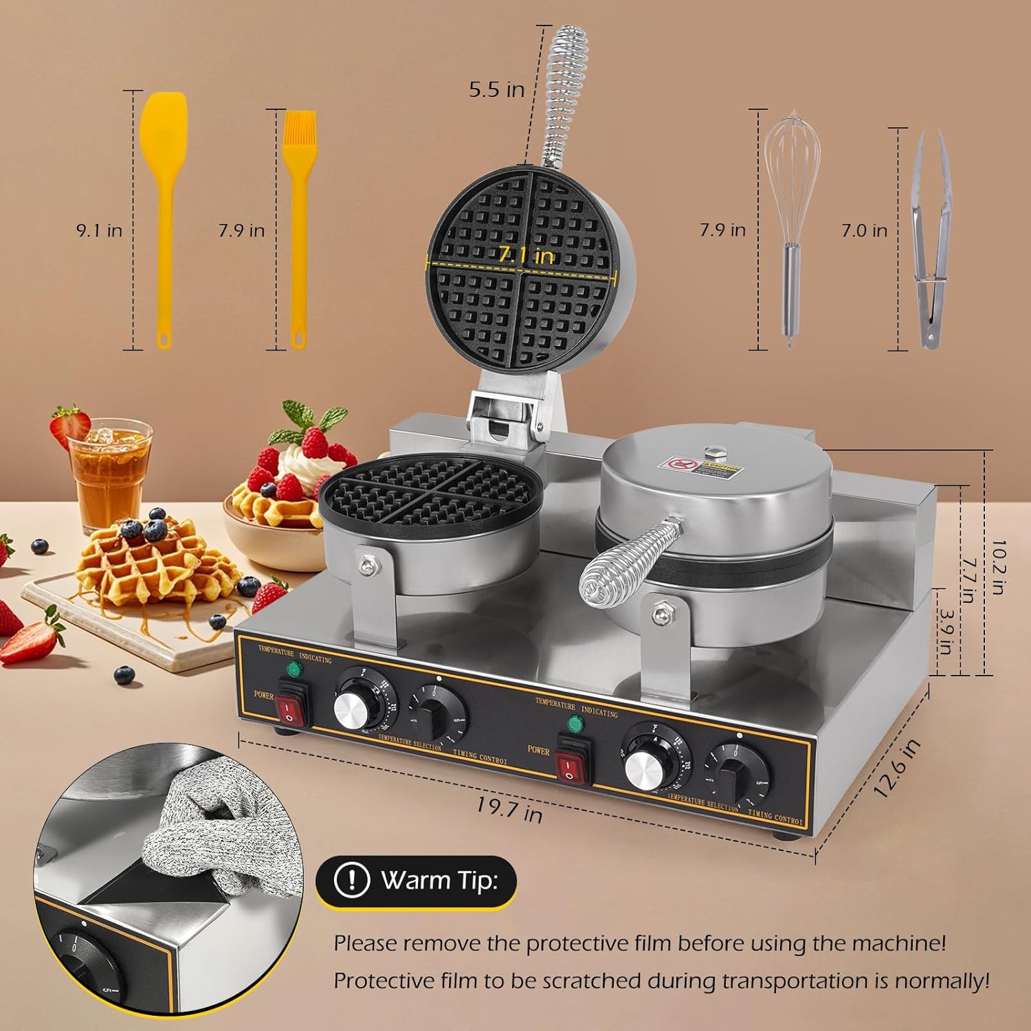 Dyna-Living Waffle Maker 2400W Double Waffle Iron Maker Restaurant Non-stick Round Waffle Machine Commercial Waffle Maker Large Waffle Machine for Hotel, Thicken Stainless Steel