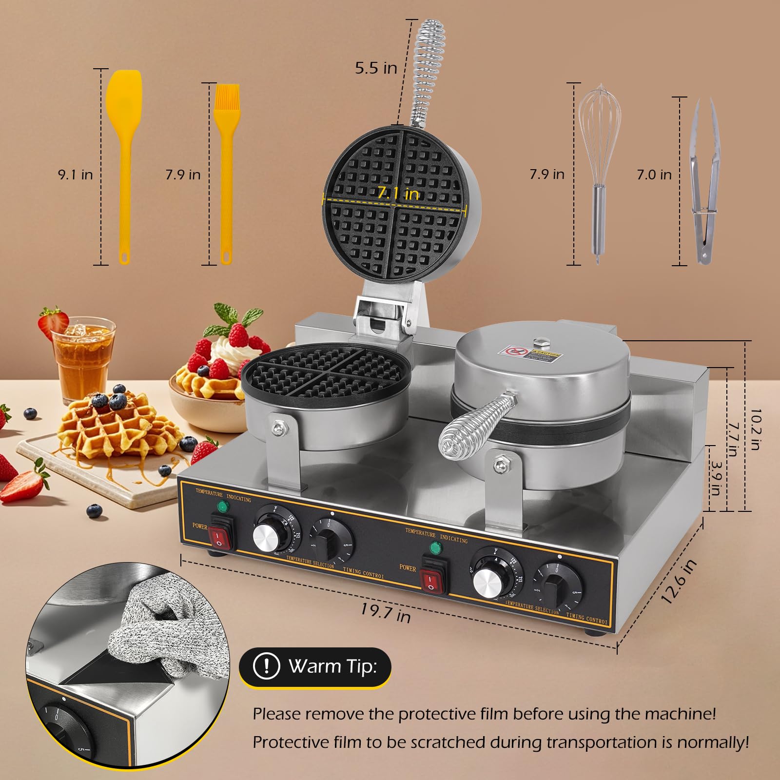 Máquina de gofres doble de 2400 W, para restaurante, antiadherente, redonda, waflera comercial, máquina de gofres grande para hotel, acero inoxidable grueso 6
