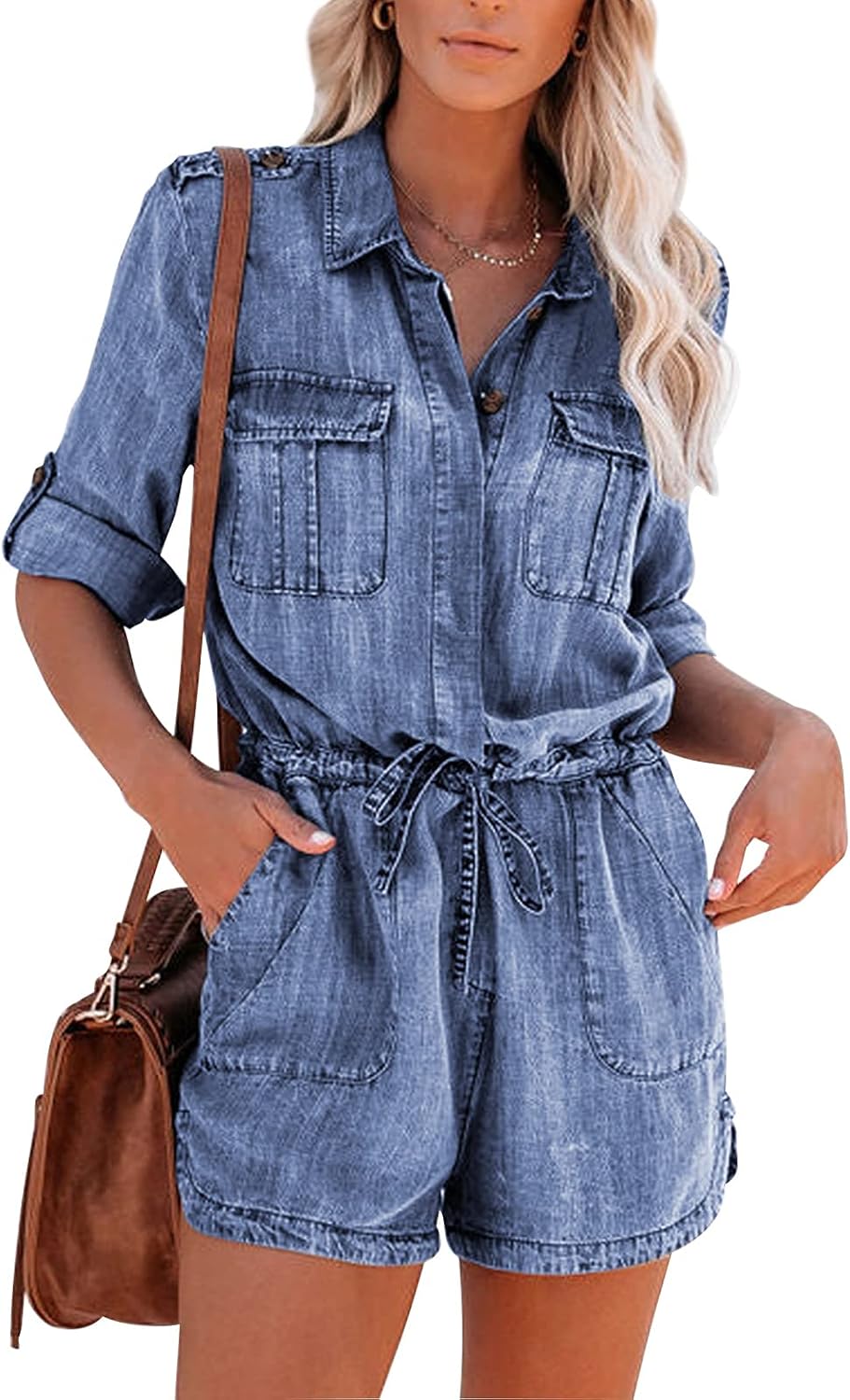 Paintcolors Women's Button Down Pockets Belted Washed Denim Jumpsuits Rompers