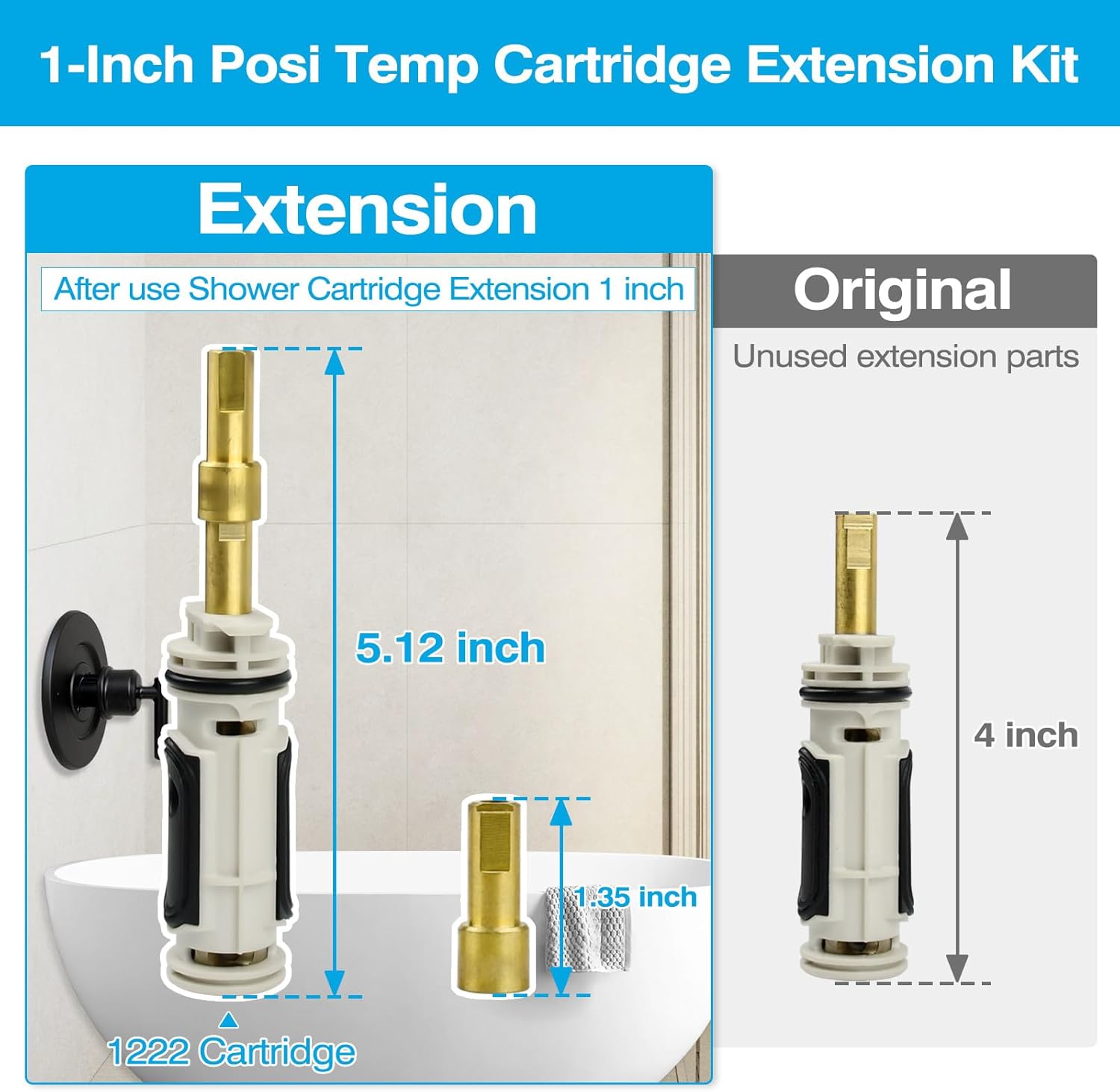 96945 Shower Handle Extension Kit for Moen Posi Temp Single Handle Shower Faucet, Shower Stem Extension Kit Compatible with Moen Shower Knob, Chrome
