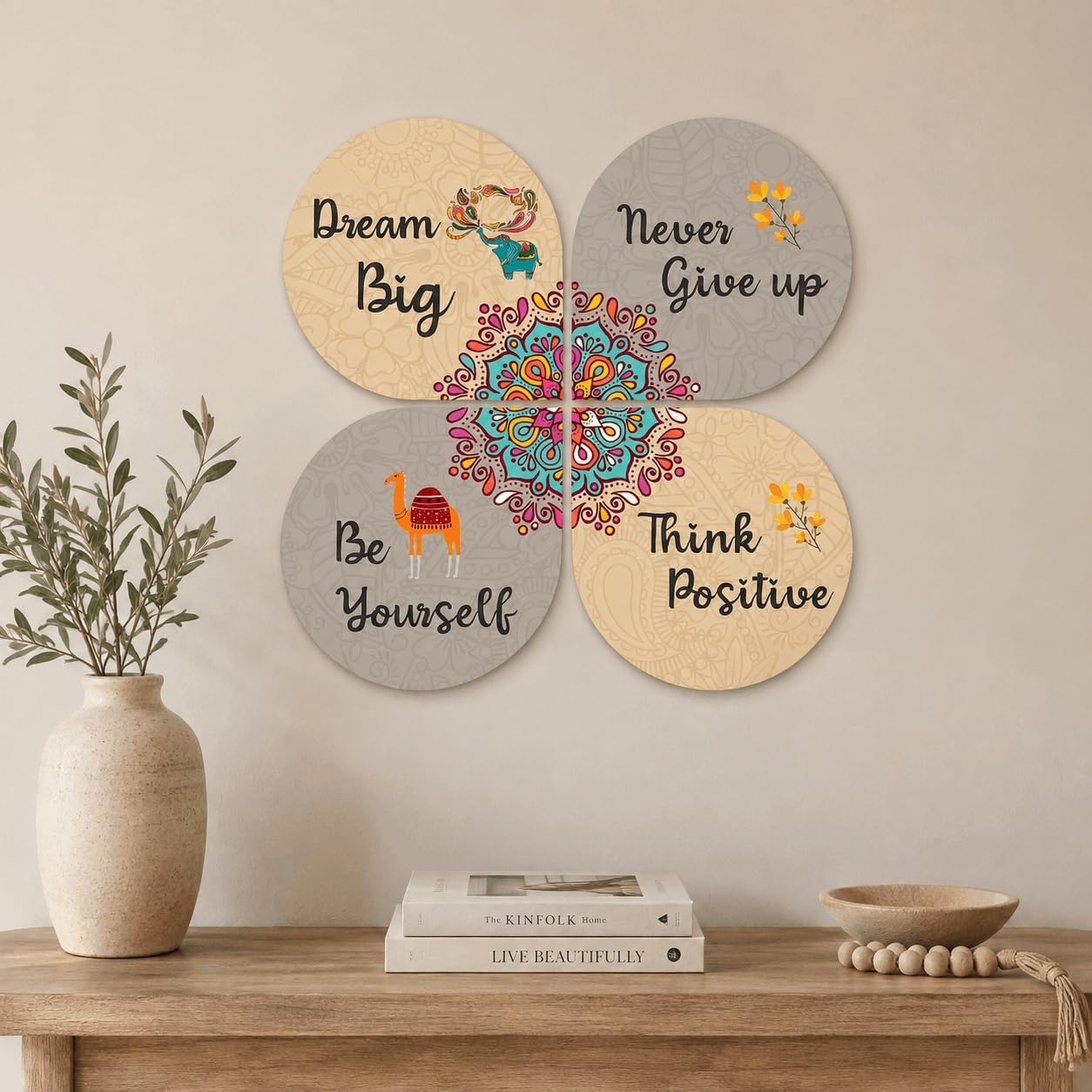 Artvibes Dream Big Quotes Wooden Wall Hanger | Quotes Decor Item | Motivational Wall Decor | Wall Poster | Art Piece | Graphic Art | Gift Items | Office Wall Decoration Items (WH_8407N), Set of 4
