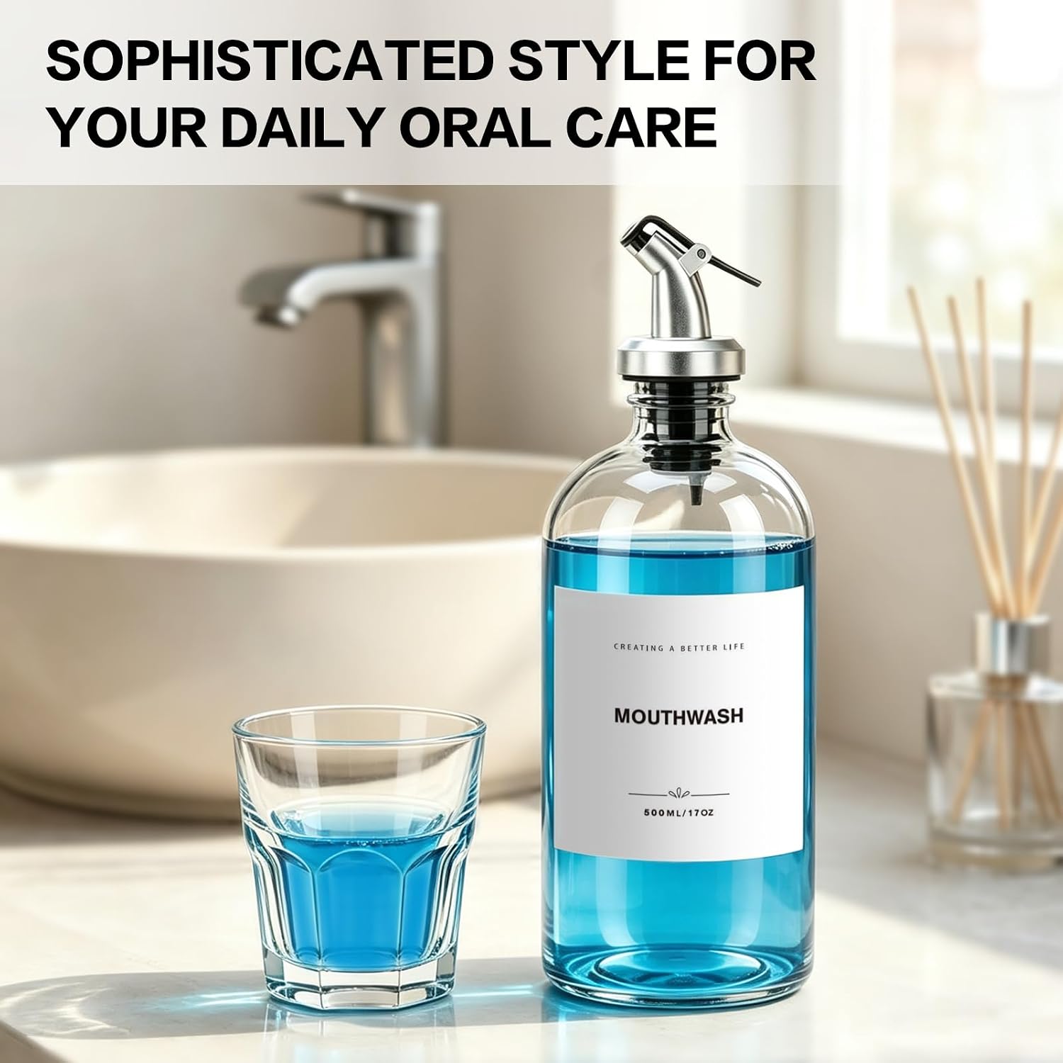 Mouthwash Dispenser for Bathroom, Refillable Glass Mouthwash Dispenser, with Mouthwash Cup & Stainless Steel Pour Spout for Bathroom, 1 Pack, 17oz