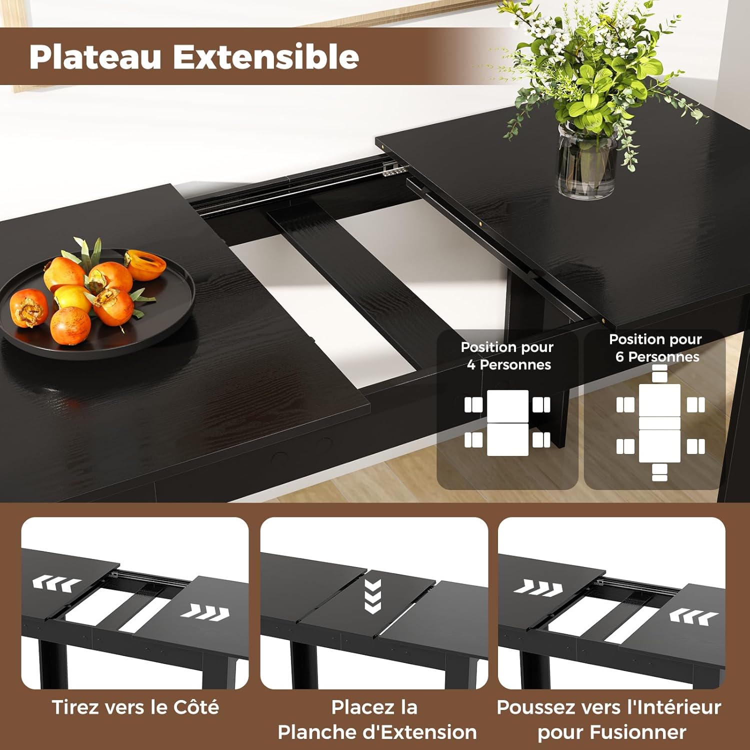 Steps for extending the table: pull sides, place extension board, push to merge