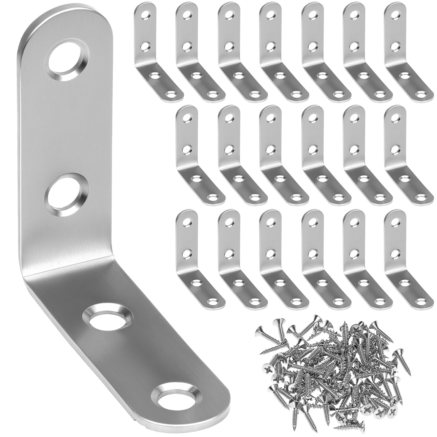 QWORK® Stainless Steel L Brackets for Wood, 20Pcs 50x50mm Corner Brace with Screws, 90 Degree L Shaped Brackets for Furniture Fixation