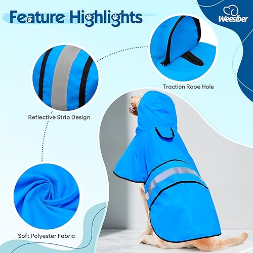Vista 37 de Weesiber Impermeable para perro, impermeable reflectante para perro, con capucha, impermeable, ajustable, ligera, poncho para perros pequeños, Azul