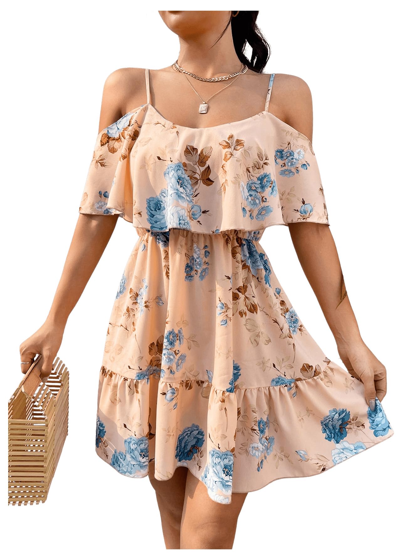 SOLY HUX Women's Boho Floral Print Cold Shoulder Dress Short Sleeve Ruffle A Line Vacation Elegant Mini Dresses