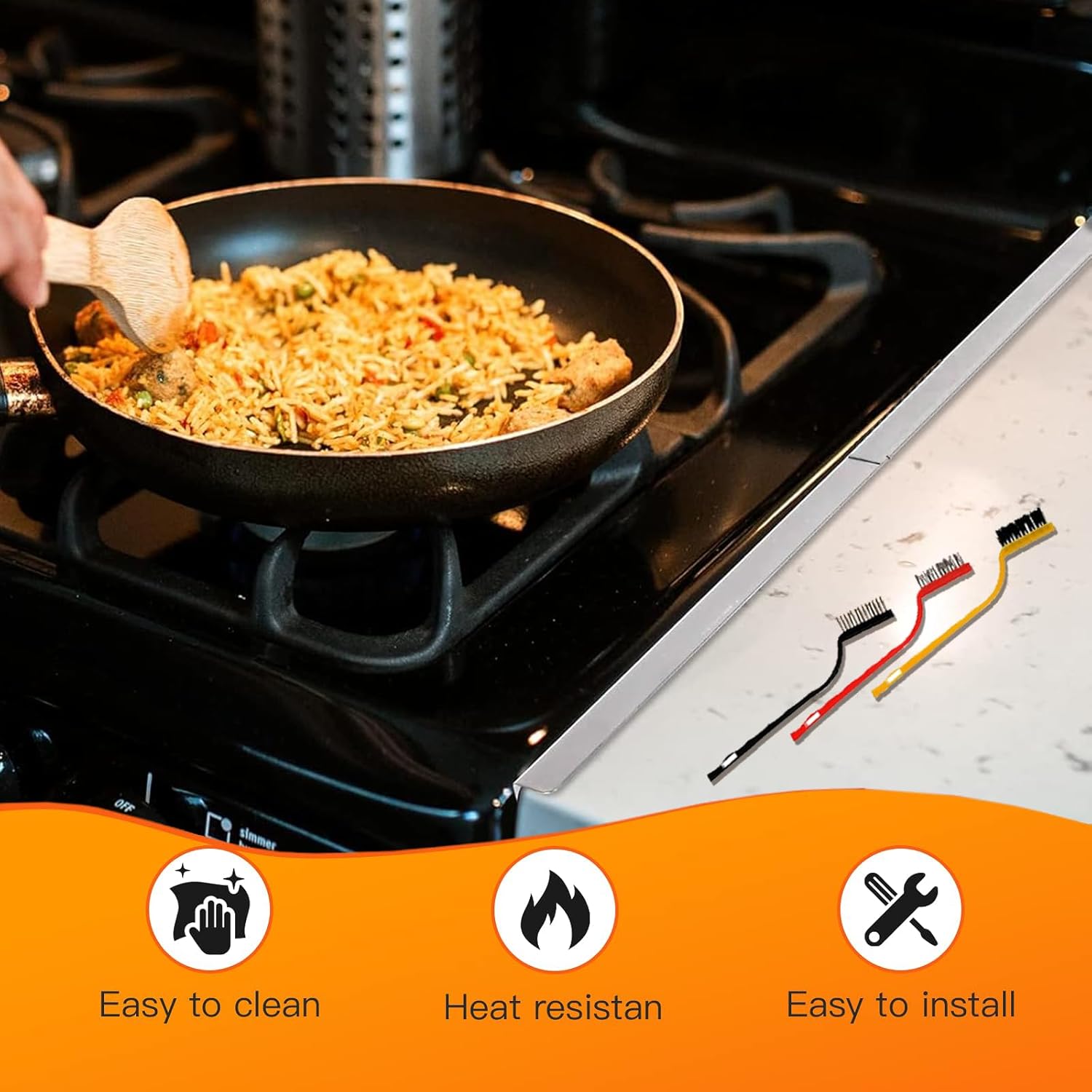 Stove Gap Covers Stainless Steel 2PC(0.08"–0.7"W, 13.8"–27.5"L)+4PC Gas Burner Covers(10.6") +2PC(16"×13") Oven Liners|Non-Stick Heat Resistant Range Accessories&Kitchen Cleaning Kit Bonus 3 Brushes
