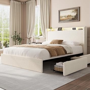 coucheta Queen Size LED Bed Frame with Headboard & 4 Storage Drawers, Soft Boucle Upholstered Platform Bed Frame with Charging Station and USB Ports, Wooden Slats Support, No Box Spring Needed, Cream
