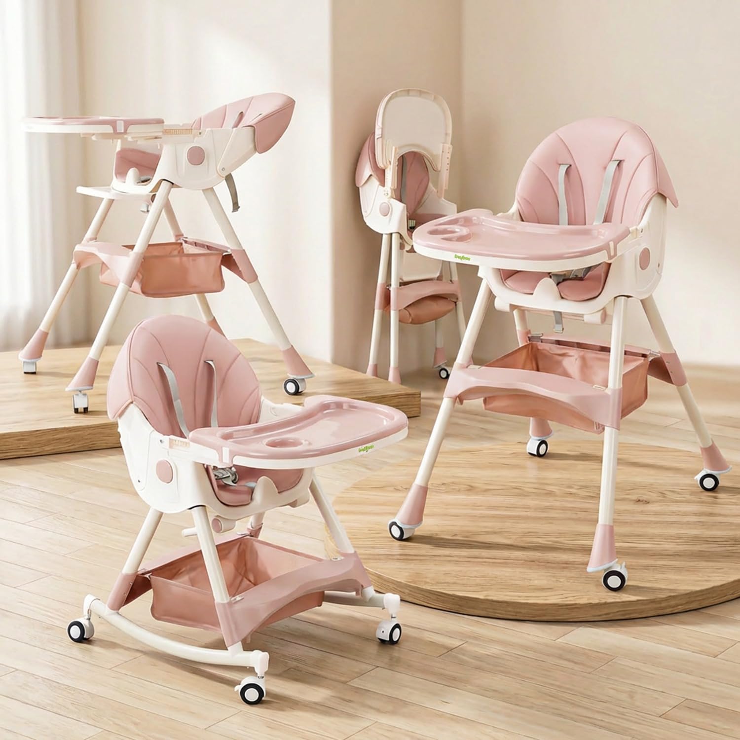 BAYBEE 3 in 1 Convertible High Chair with Adjustable Height and Footrest,Baby Toddler Feeding Booster Seat with Tray,Wheels,Safety Belt and Cushion,for Boys & Girls 6 Months to 3 Years (Liora Pink)