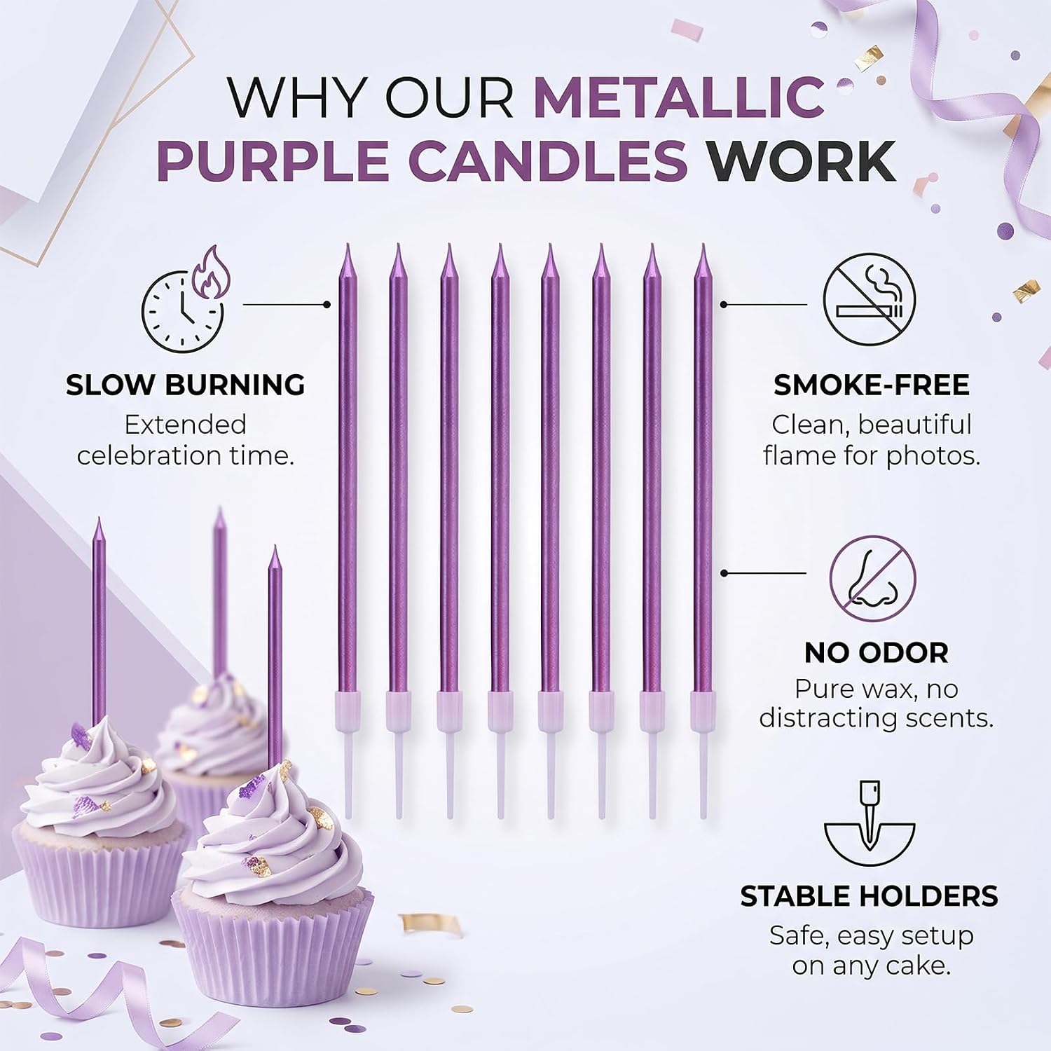 24Pcs Purple Birthday Candles, Long Thin Metallic Birthday Cake Topper Candles for Party Decorations Wedding Anniversary Party Supplies