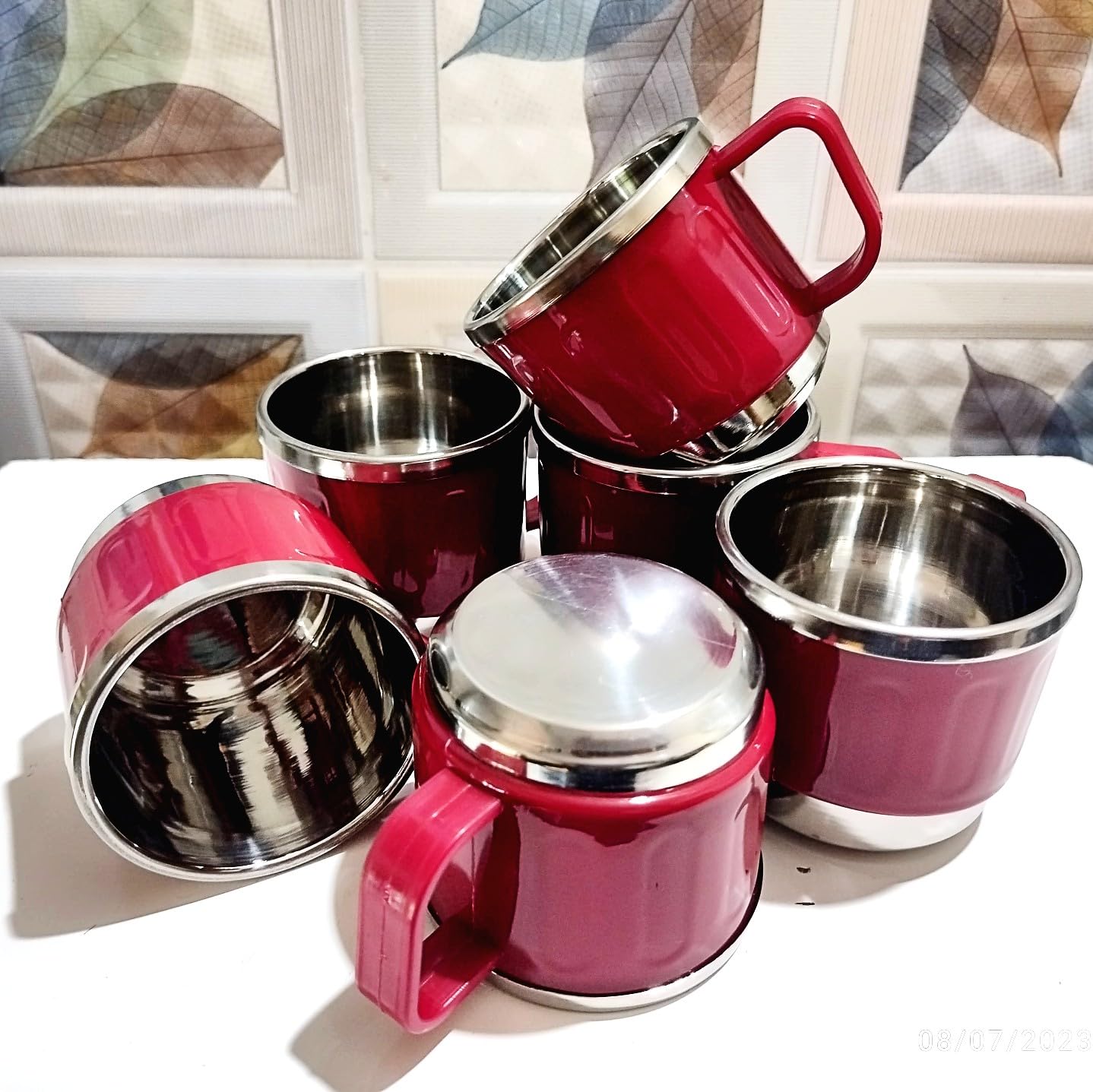 Anixa Creation Pack of 6 Stainless Steel Tea Cup Set | Steel Cups | Coffee Cups | Payali Set, Mini Cups Set of 6 | Chai ka Cup -Inner Steel Outer Plastic (Maroon) 3