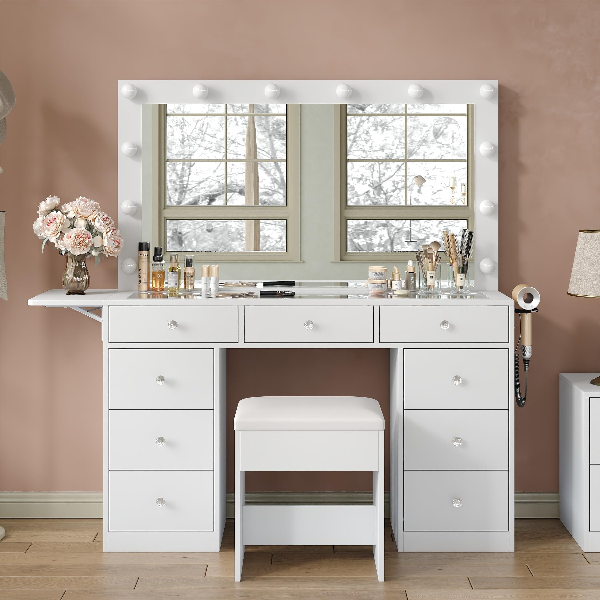 Yanosaku Vanity Desk & Power Outle, Makeup Vanity with Mirror and 12 LED Lights, 9 Drawers Makeup Table with Fold-up Panel, Vanity Set 3 Lighting Modes Brightness Adjustable (White)