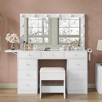 Yanosaku Vanity Desk & Power Outle, Makeup Vanity with Mirror and 12 LED Lights, 9 Drawers Makeup Table with Fold-up Panel, Vanity Set 3 Lighting Modes Brightness Adjustable White
