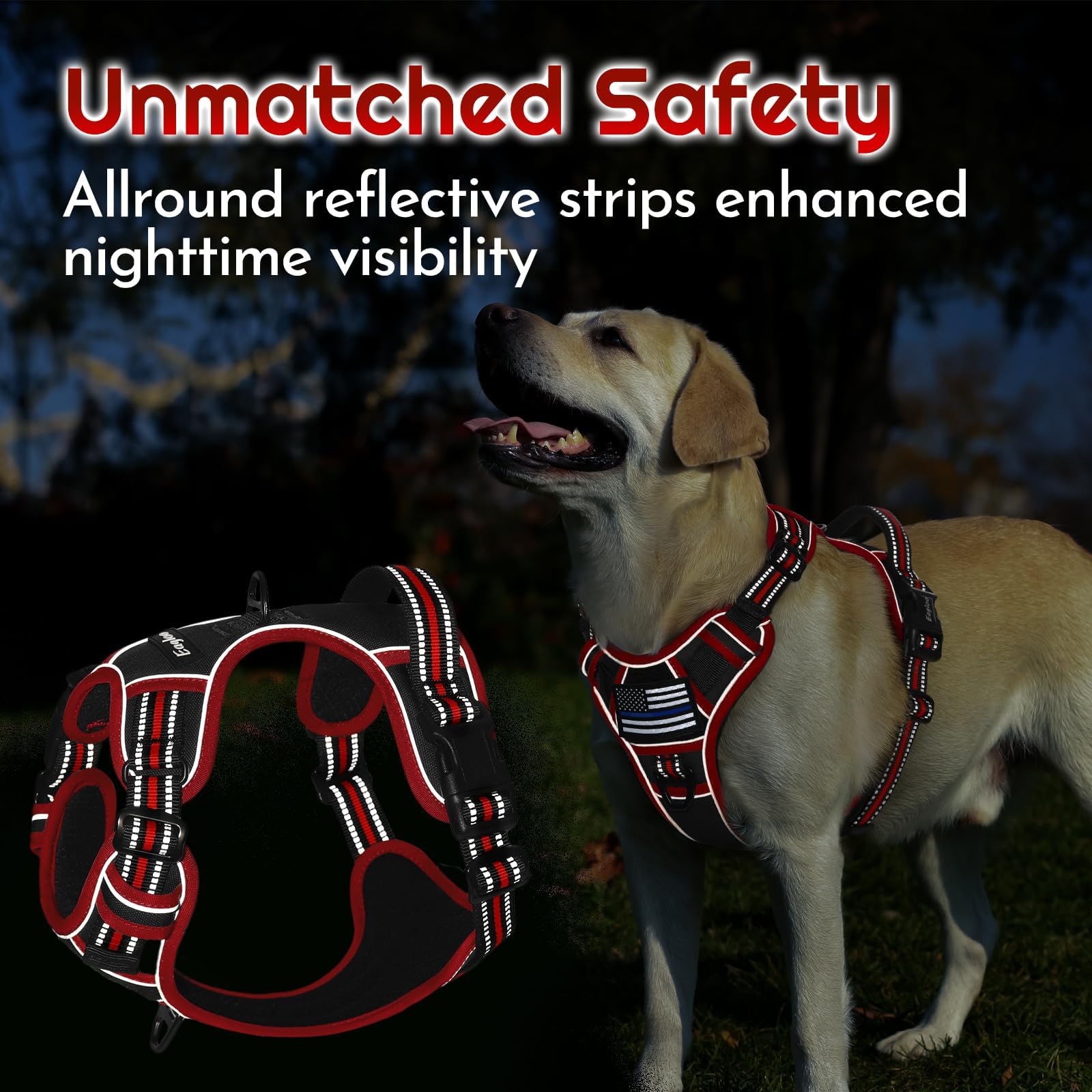 Eagloo Harnais pour chiens de grande taille, harnais réglable anti-traction avec 3 boucles, harnais pour chien rembourré doux, facile à promener avec poignée, gilet réfléchissant anti-étranglement