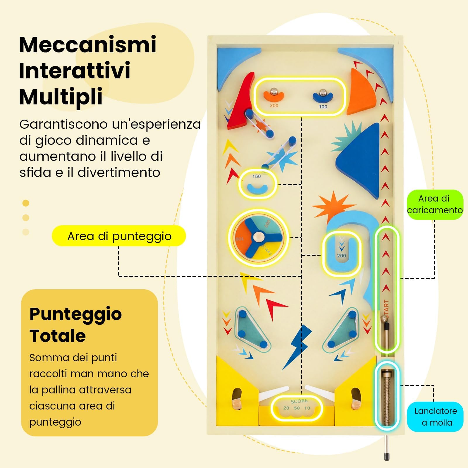 COSTWAY Flipper in Legno, Gioco da Tavolo Educativo con Pista Rotante per Punteggi e 3 Palline, Giocattolo Flipper Interattivo in Marmo per Ufficio Festa, per Bambini 6+ e Adulti