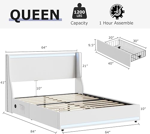 Miniatura 43 de VECELO Full Size Bed Frame with Storage Drawers, Upholstered Platform Bedframe with Wingback Headboard, No Box Spring Needed, Light Grey Gris