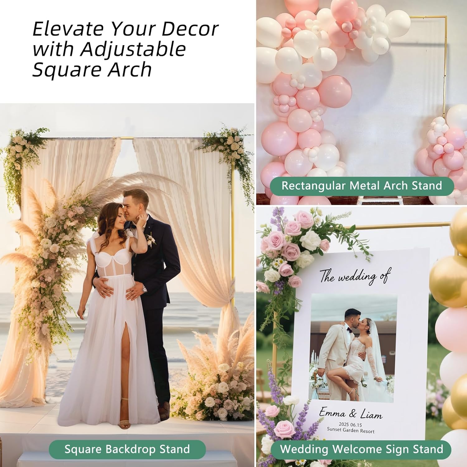 Wedding Arch Backdrop Stand Square 6.6FTx6.6FT Gold Metal Balloon Arch Stand Garden Arbor Backdrop Frame for Wedding Birthday Party Baby Shower Photo Booth Background Decoration