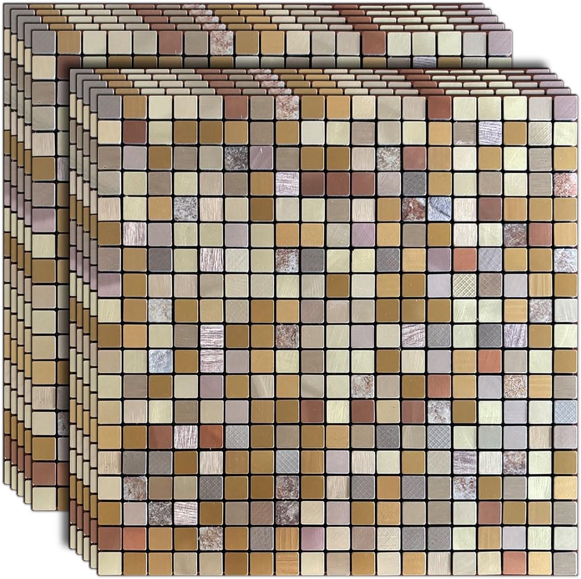 weimeisc 10-Sheet Peel and Stick Backsplash Tile, Self-Adhesive Aluminum 3D Wall Panels, Wall Sticker Metal Mosaic for Kitchen, Living Room, Bedroom (Mixed Copper)