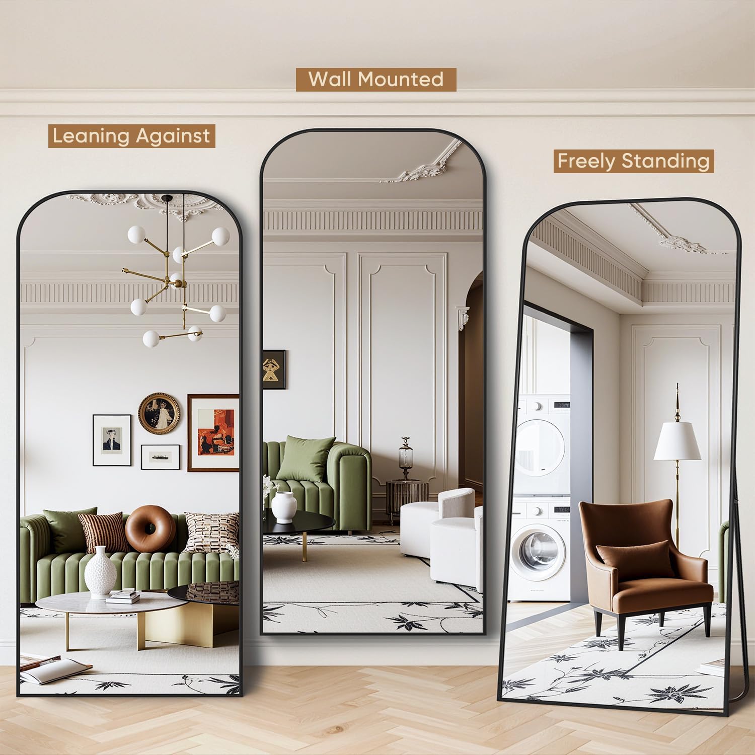Antok Full Length Mirror with Stand, 76"x34"Floor Mirrors with Aluminum Frame, Rounded Top Floor Standing & Wall Mountable Mirror for Bedroom, Living Room, Black