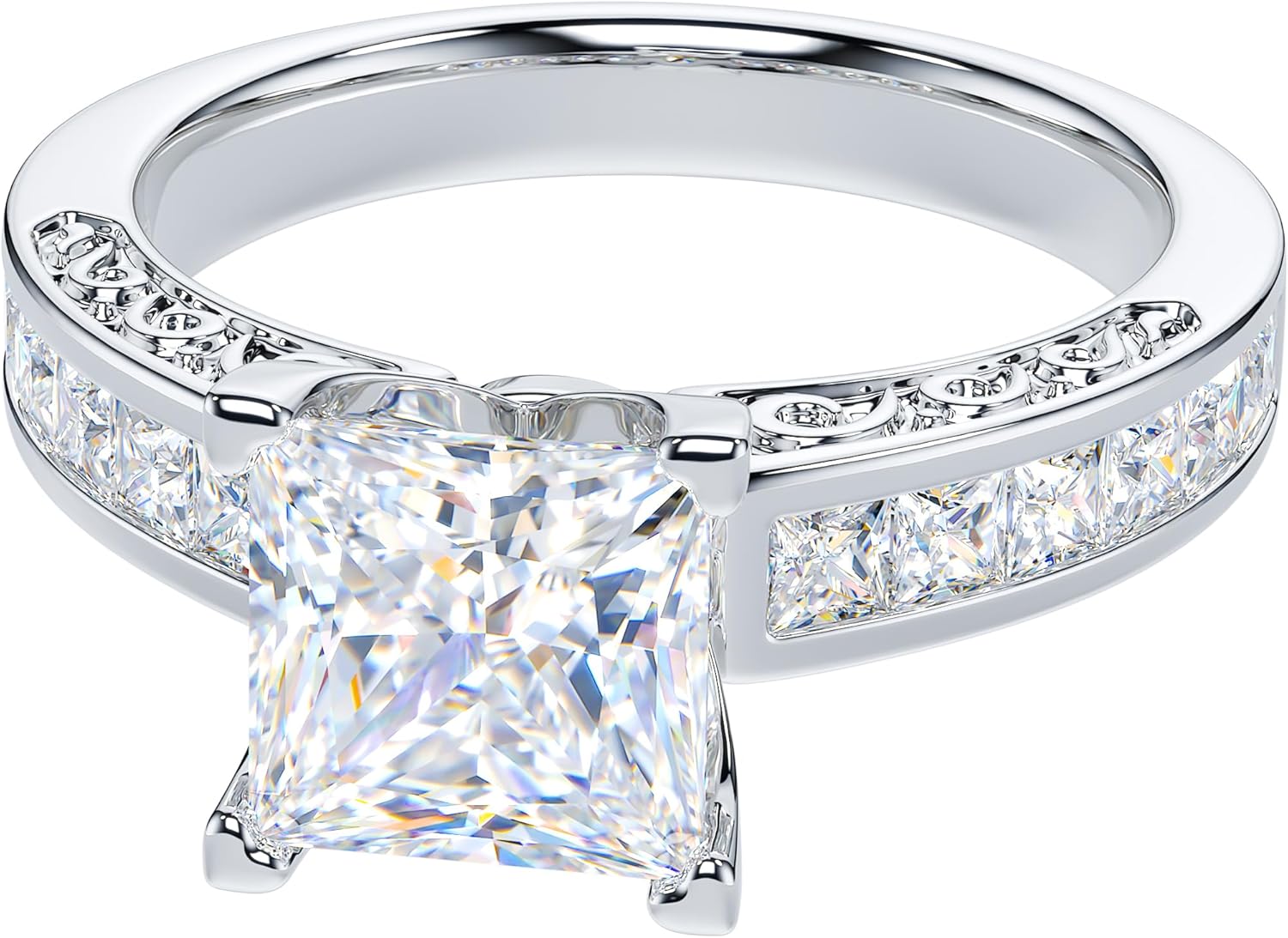 THELANDA All Princess Cut Genuine Moissanite or Simulated Center 1.5CT Diamond Sterling Silver Classic Filigree Pattern Promise Engagement Ring - Image 3