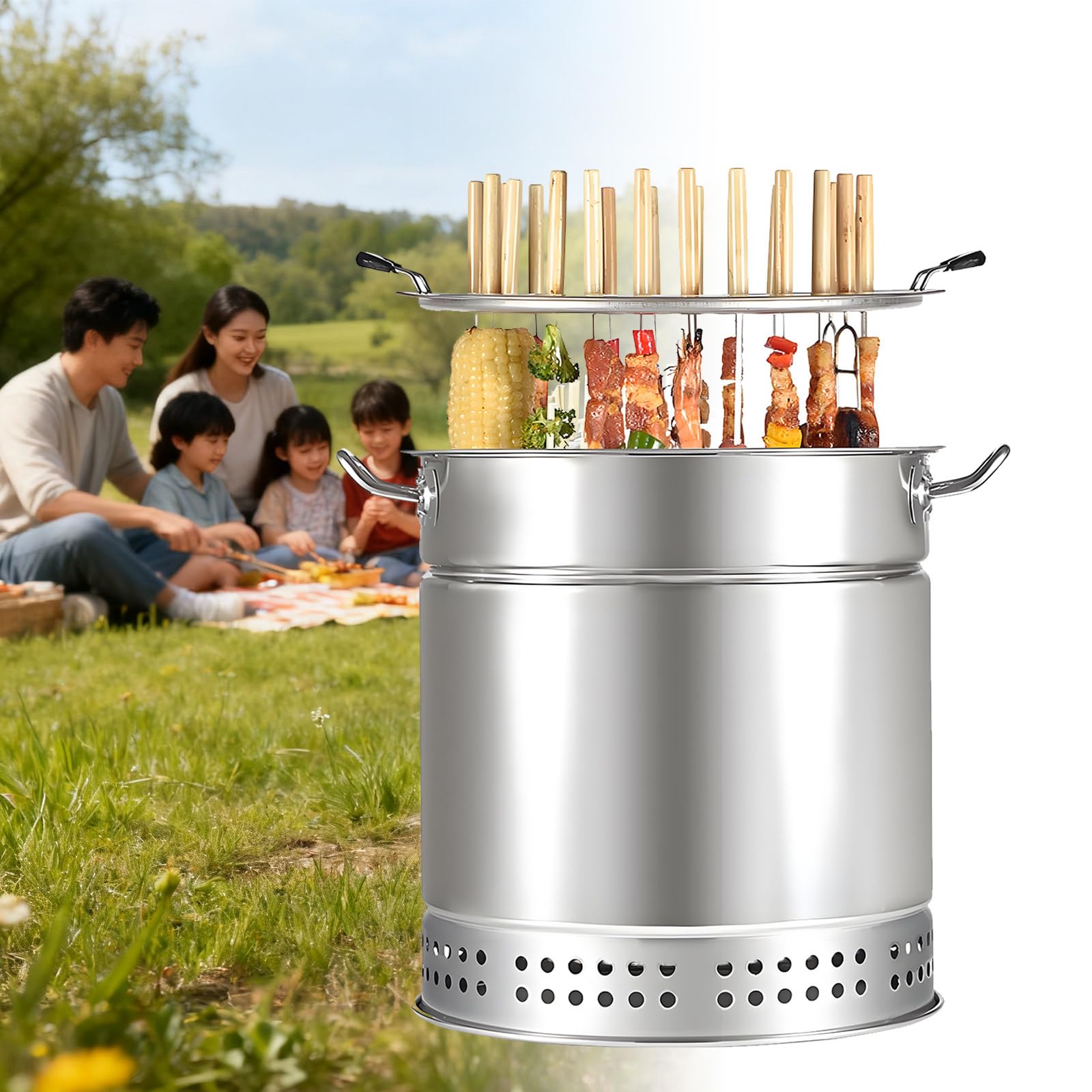 Przenośny grill bezdymny węgiel drzewny grill pionowy wiszący piec o dużej pojemności ze stali nierdzewnej kebab grill idealny na kemping gotowanie na świeżym powietrzu RS30