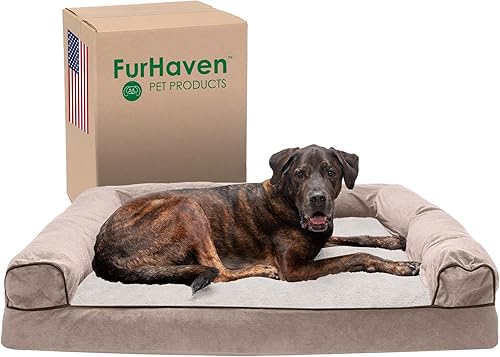 Miniatura 14 de Furhaven Cama para perro, de espuma viscoelástica, estilo sofá, Sherpa y chenilla, café, M (Piel sintética de lujo y lino) Carbón vegetal,(Piel