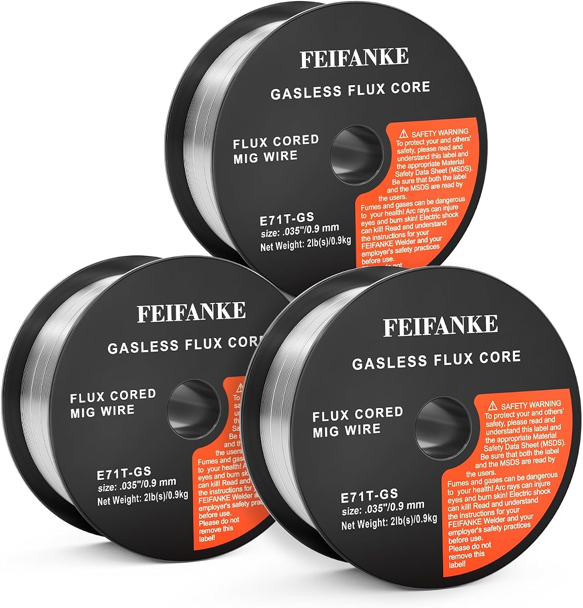FEIFANKE Alambre de núcleo fundente Alambre MIG sin gas, E71T-GS Alambre de soldadura de acero al carbono suave .035 "Diámetro 2 libras Paquete de 3 | Carrete de ABS resistente, sin salpicaduras, sin porosidad, resistente a la oxidación, cualquier posición de soldadura