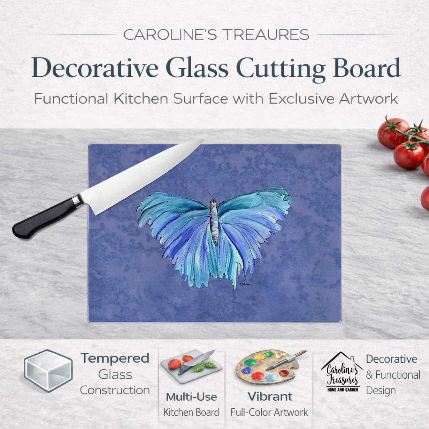 Caroline's Treasures Planche à découper en verre Motif papillon sur ardoise Bleu Taille L