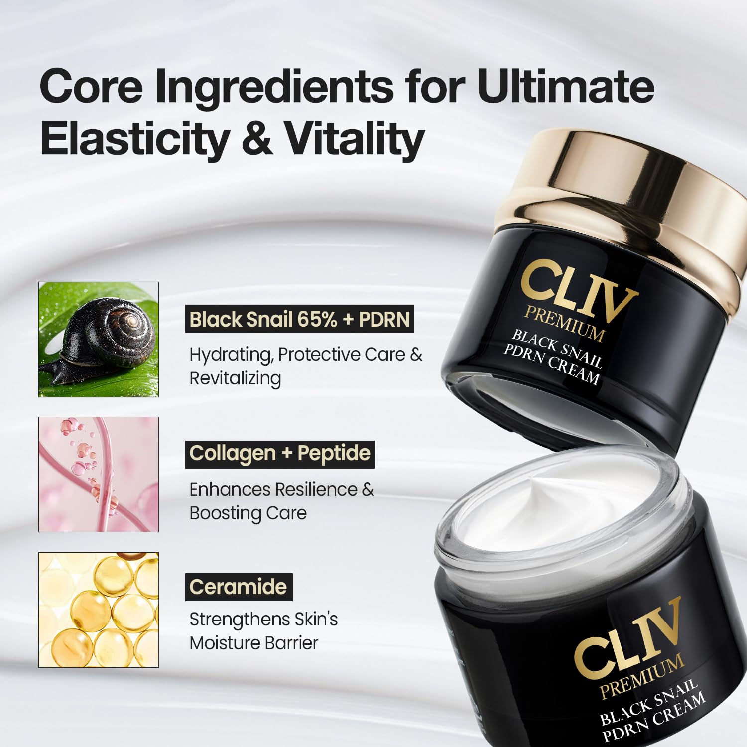 CLIV Black Snail PDRN Cream - 65% Snail Mucin & Peptide Face Moisturizer - Firming, Lifting & Barrier Support with Ceramide Complex - Korean Skincare for Fine Lines & Elasticity, 1.76 fl oz (52ml)