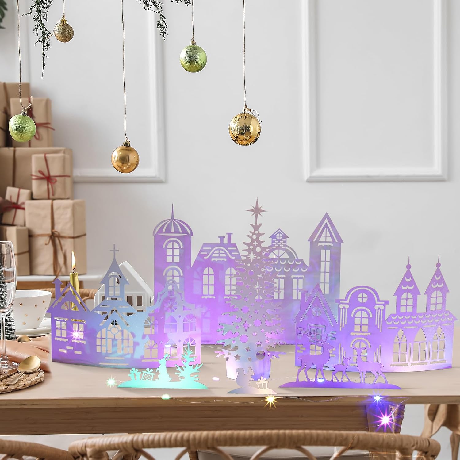 Cinnvoice 7pcs 3D Paper Christmas Village Houses with Light White Village Centerpieces Foldable Paper Decor Winter White Church Christmas Tree Farmhouse Tabletop for Holiday Table Home Decor