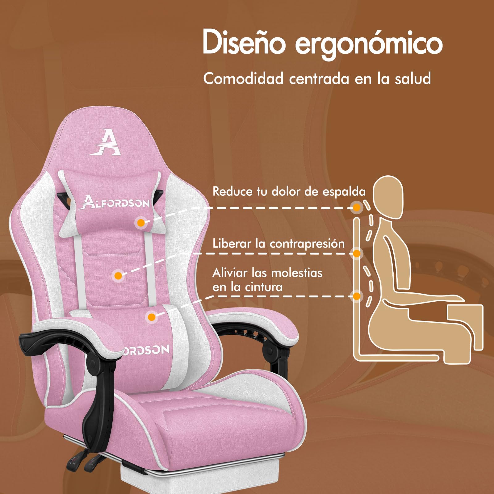ALFORDSON Silla Gaming Ergonómica con Masaje, Silla Gamer de Oficina con Lumbar Massaggiante, Reposapiés Retráctil,Altura Ajustable,Reclinable 150°,Asiento Cómodo,Soporta 180 kg, Lino(Blanca y Rosa)