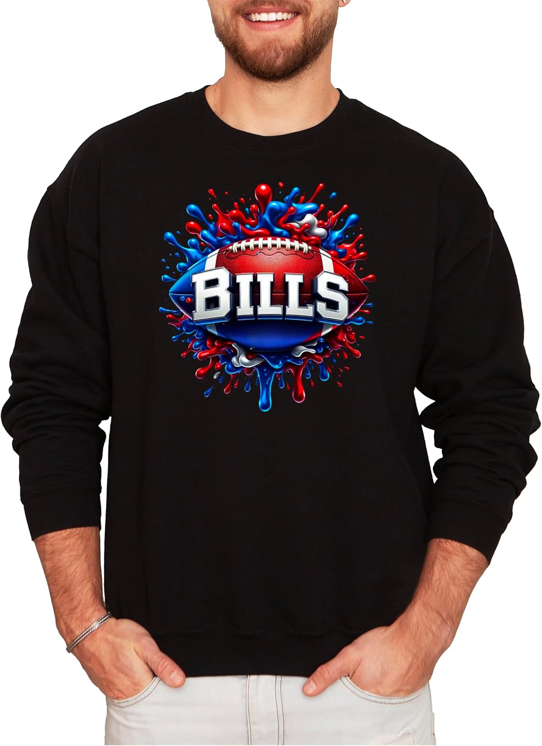 Olive Loves Apple Bills Football Sweatshirt for Men Women and Kids Blue and Red Game Day Pullover