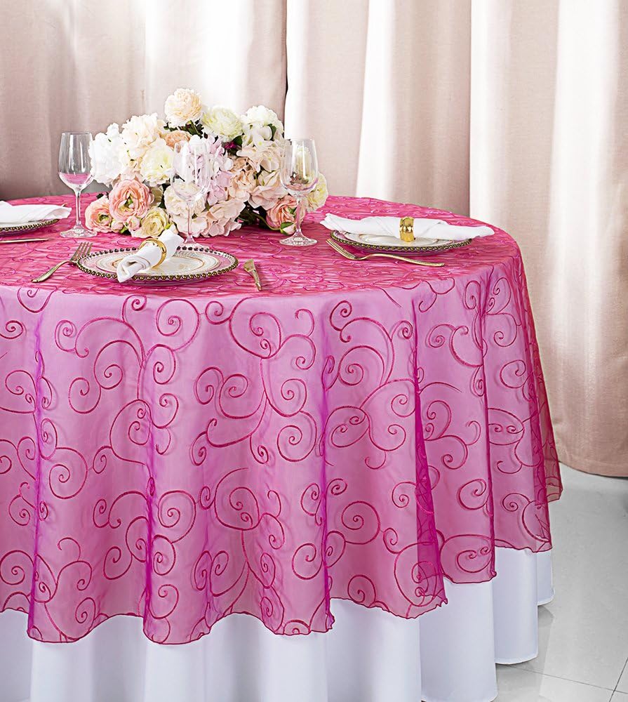 108" Round Embroidered Organza Sheer Table Overlays Toppers Organza Tablecloths Table Covers Linens for Wedding Party Banquet Events - Fuchsia