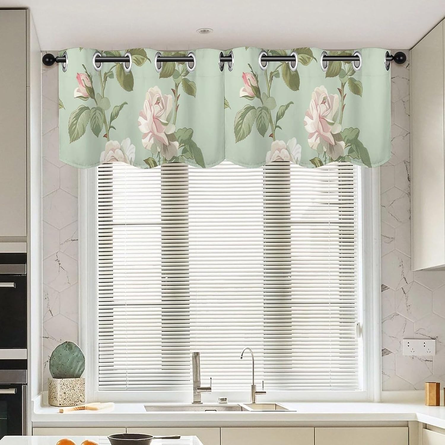 Light Green Rose Valance for Windows, 2 Pack Kitchen Curtains Modern Home Decor, Soft Blackout Window Curtains for Living Room & Bedroom, 18 X 52 Inch